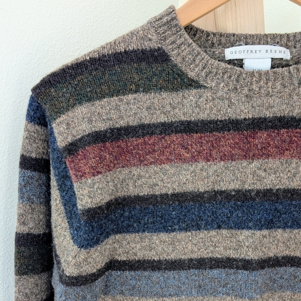 Vintage 90's Striped Textured Wool Crewneck Sweater In Oatmeal Tan - Picture 3 of 15
